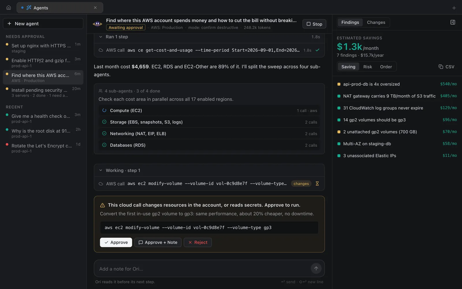 Ori asking for approval to run aws ec2 modify-volume to convert a gp2 volume to gp3, with Approve, Approve + Note and Reject buttons
