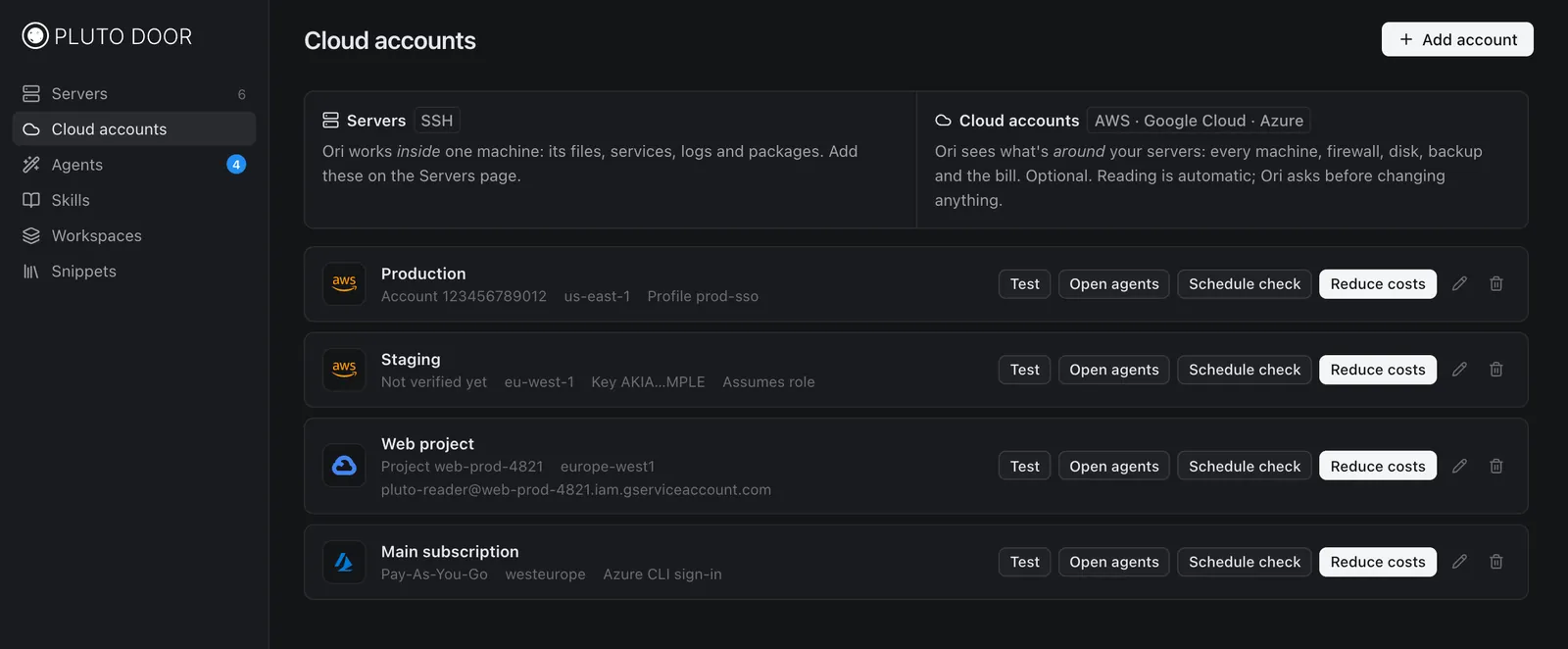 The Cloud accounts page in Pluto Door listing two AWS accounts, a Google Cloud project and an Azure subscription, each with Test, Open agents, Schedule check and Reduce costs buttons