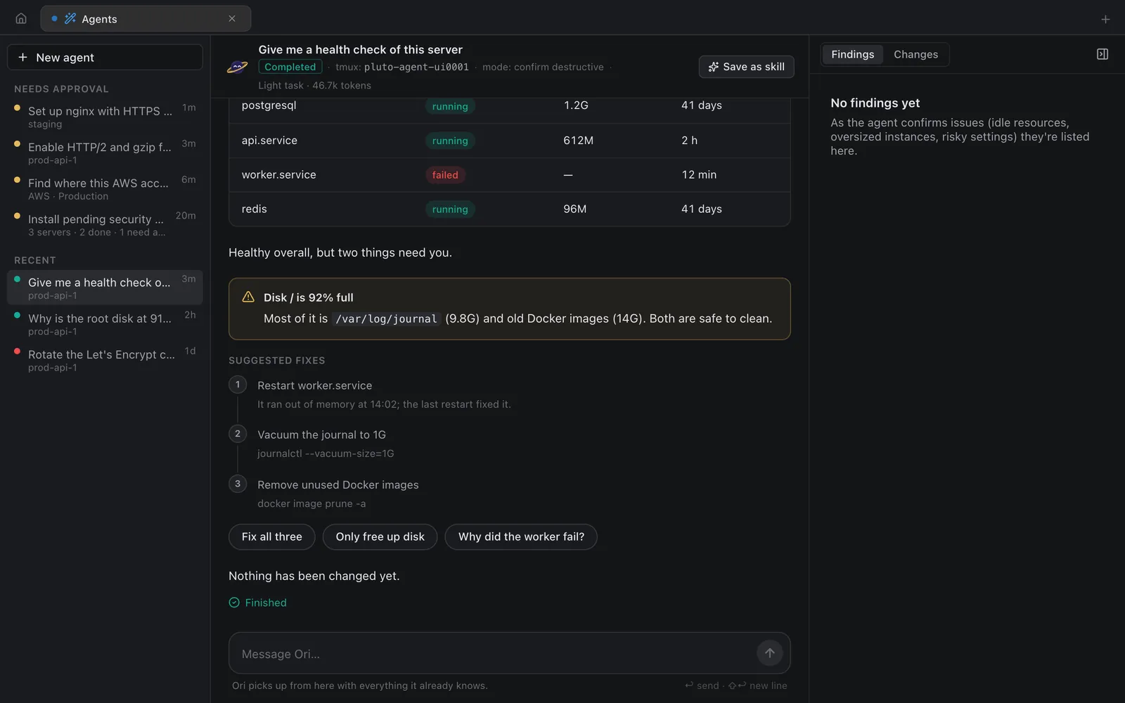 Ori's answer to a health check: a table of services with worker.service marked failed, a warning that the disk is 92% full, and three numbered suggested fixes