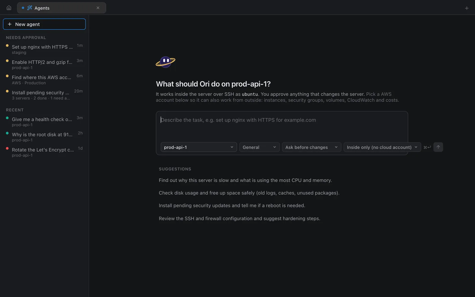 Ori's start screen on a server called prod-api-1, with a task box and suggestions like "Check disk usage and free up space safely"