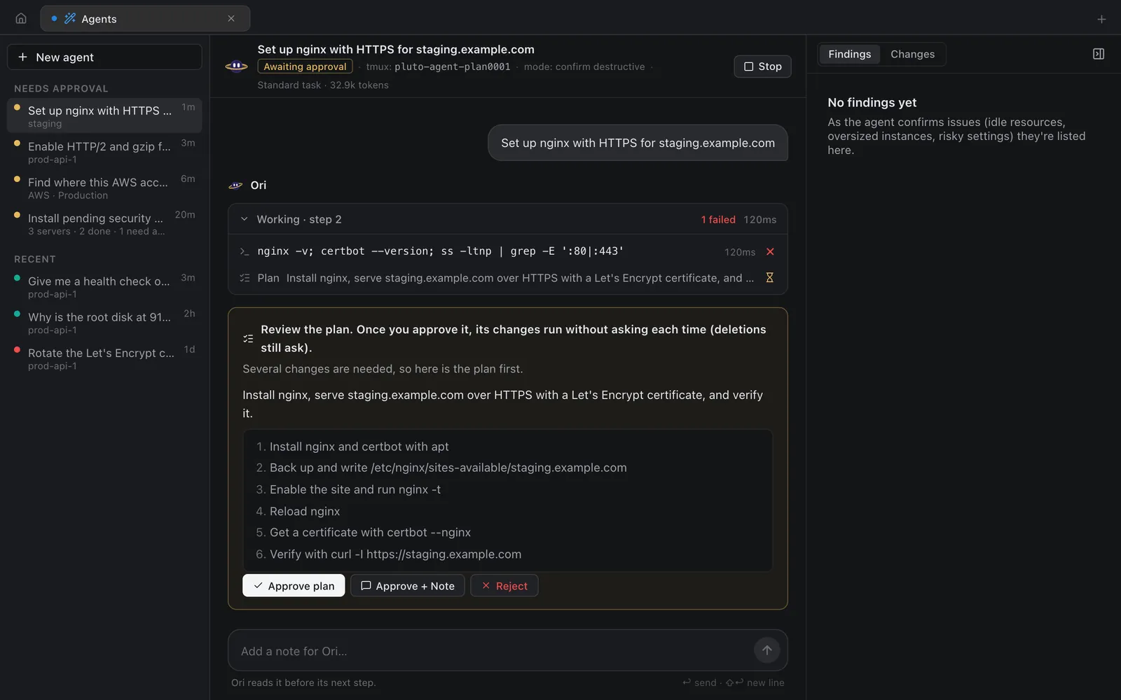 Ori asking for approval of a six-step plan to install nginx and certbot, write the site config, reload nginx, get a certificate and verify with curl