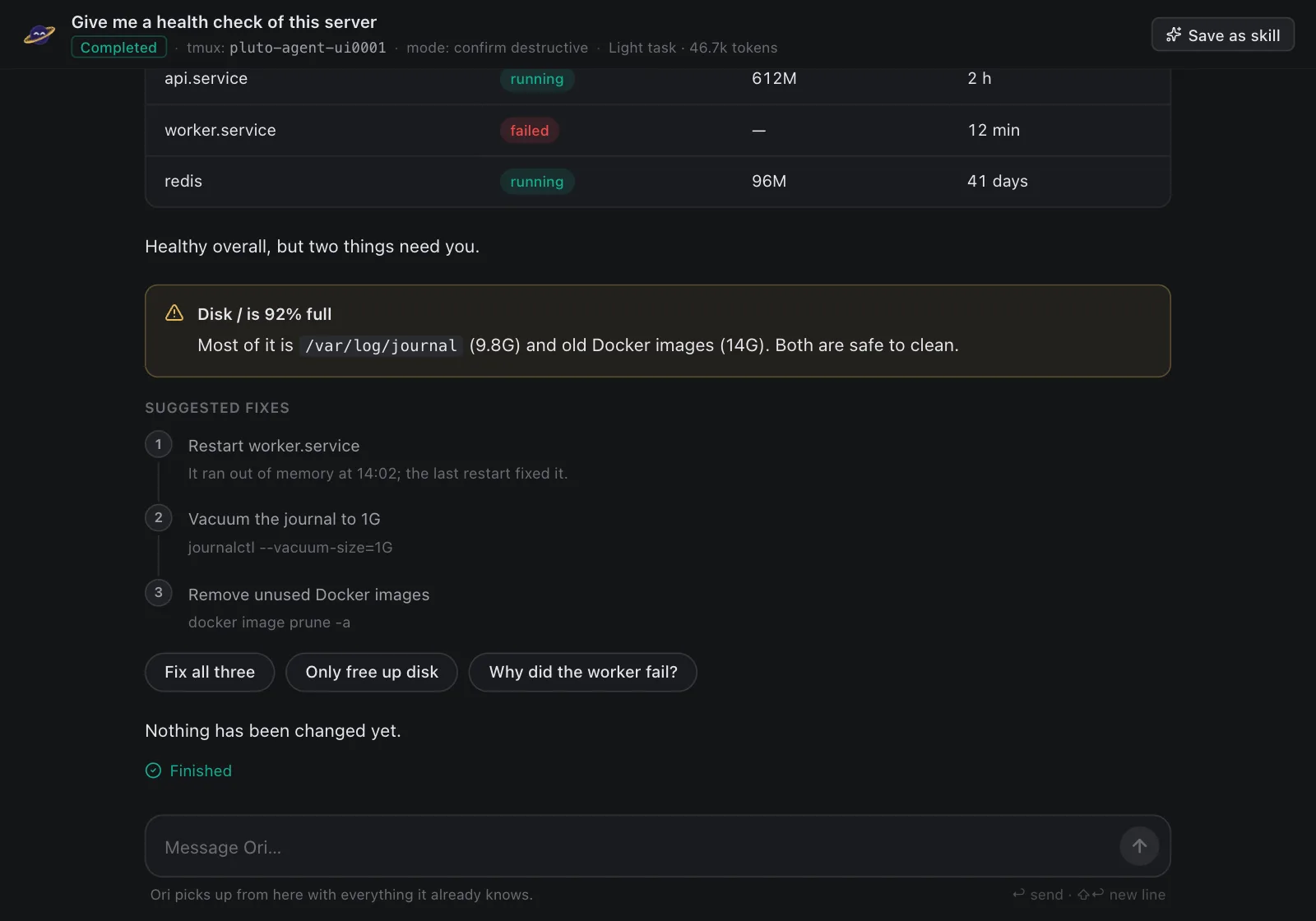 Ori's health check: disk / is 92% full, mostly /var/log/journal (9.8G) and old Docker images (14G), with suggested fixes to vacuum the journal to 1G and remove unused Docker images, and a note that nothing has been changed yet