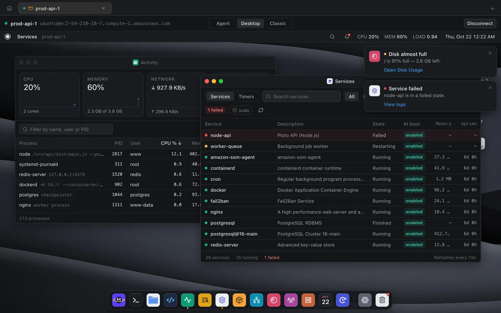 Pluto XOS showing the Activity app with CPU, memory and network graphs and a process list, next to the Services app listing systemd services with node-api marked failed