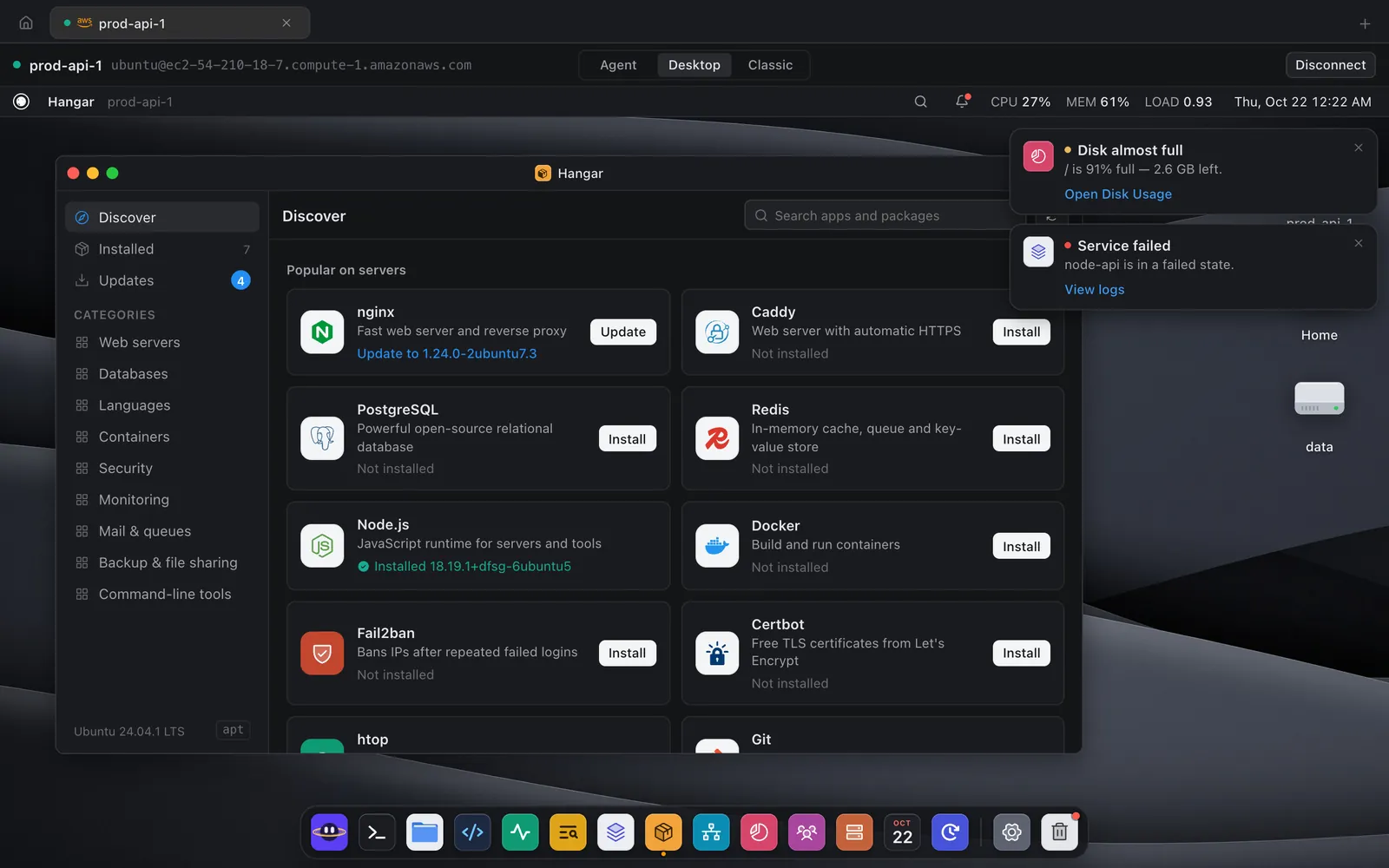 The Hangar app in Pluto XOS showing popular server apps: nginx with an update available, Caddy, PostgreSQL, Redis, Node.js installed, Docker, Fail2ban and Certbot
