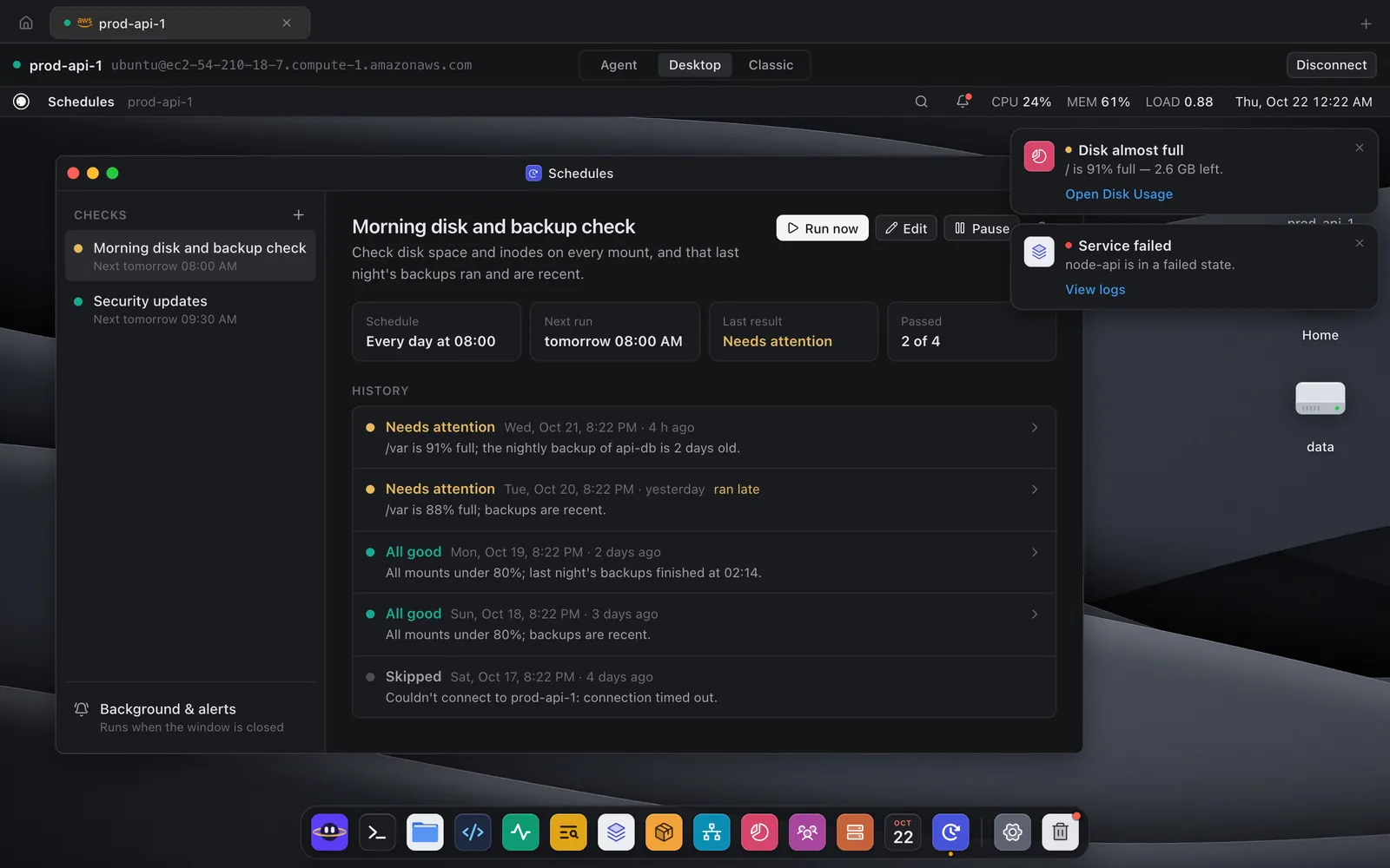The Schedules app showing a "Morning disk and backup check" that runs every day at 08:00, with a history of results: two needing attention, two all good, one skipped