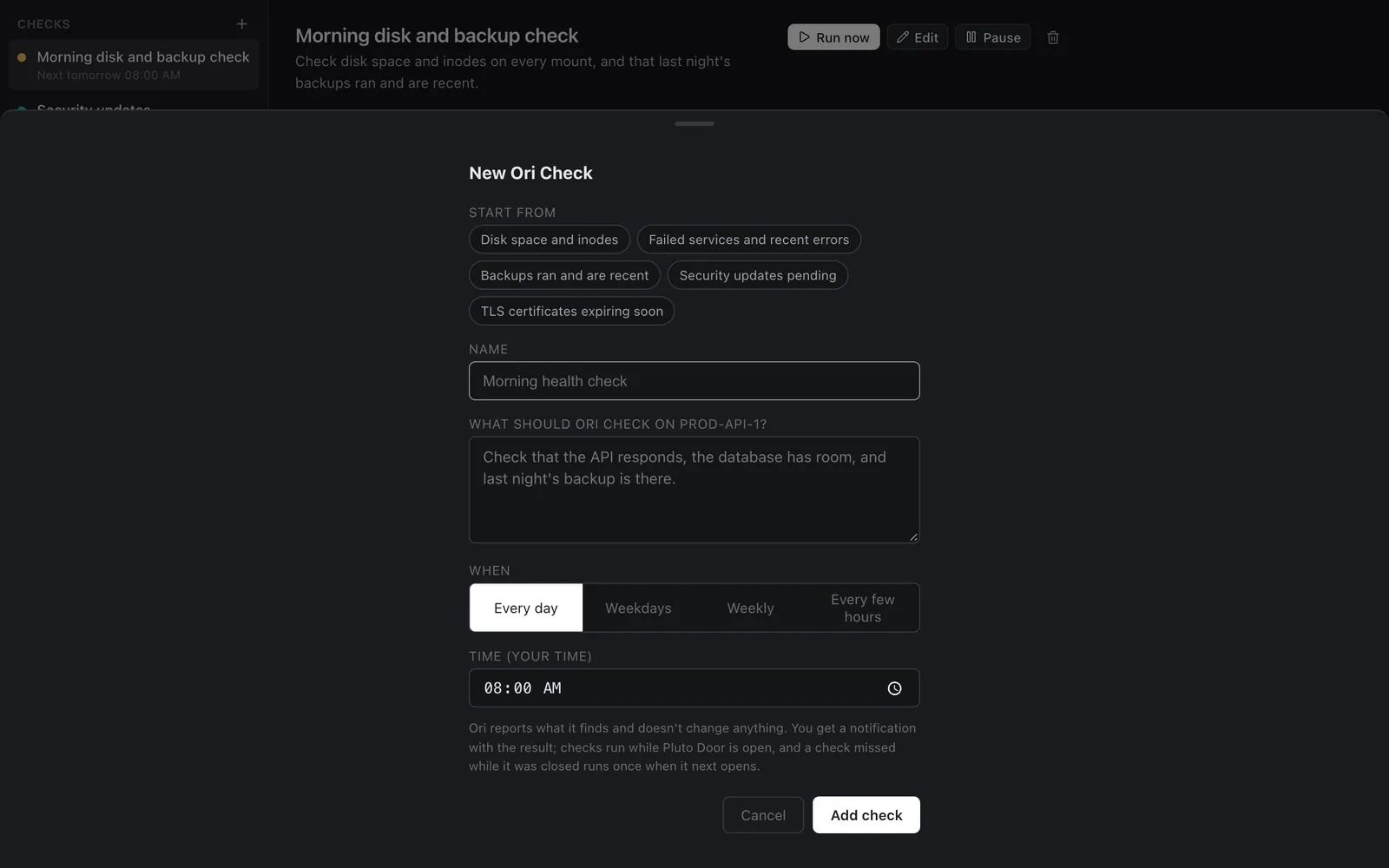 The New Ori Check form with presets for disk space, failed services, backups, security updates and TLS certificates, a name field, a task description and a schedule picker