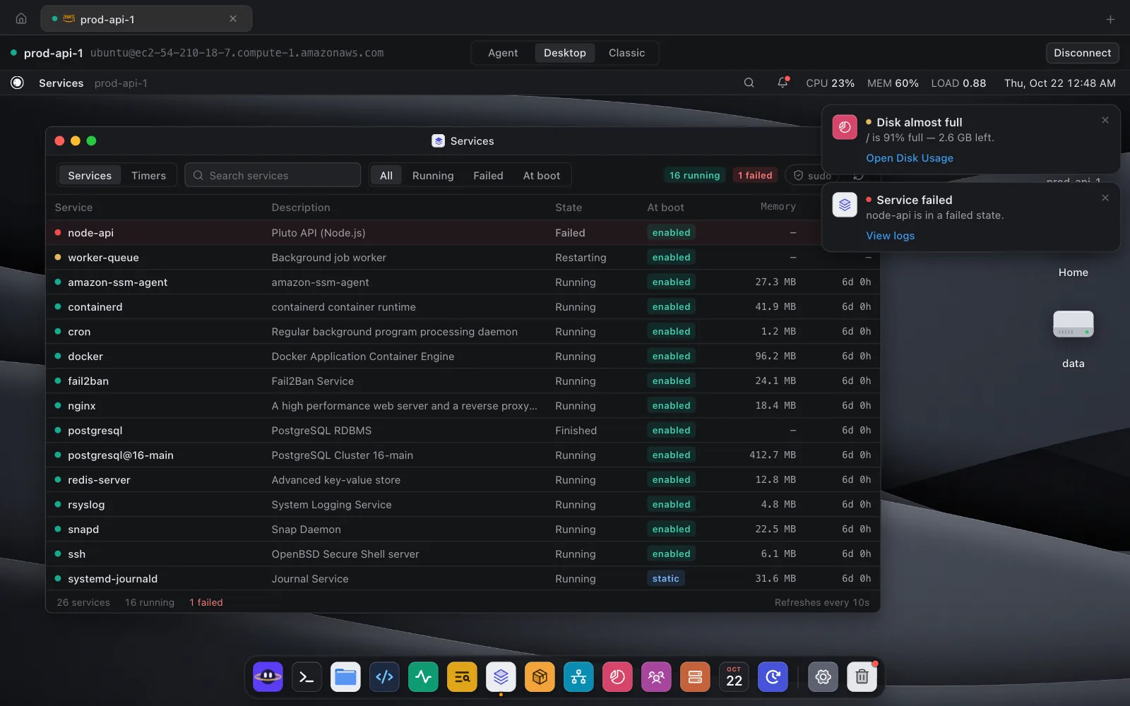 The Services app in Pluto XOS listing systemd services, with node-api marked Failed, worker-queue restarting, and a count of 16 running and 1 failed